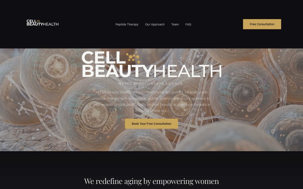 Screenshot of the live Cell Beauty Health website: an elegant dark hero with the Cell Beauty Health logo over a cellular background and a “Book Your Free Consultation” call to action.
