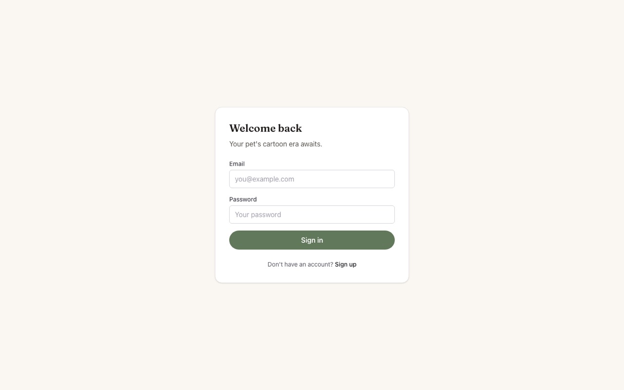 Screenshot of the My Cartoon Pet sign-in screen: a branded “Welcome back” card with email and password fields and a Sign in button. No real data is shown.