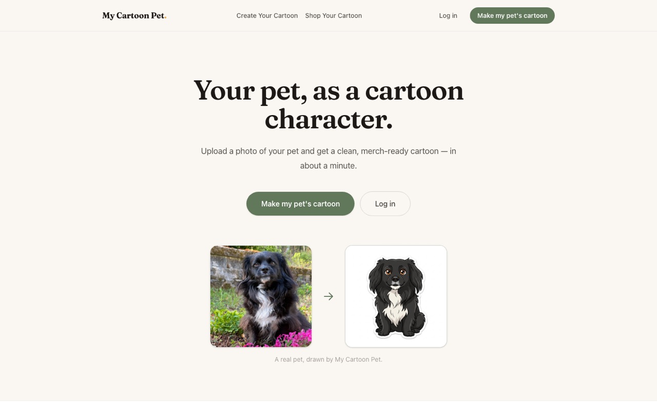 Screenshot of the My Cartoon Pet marketing homepage: a serif hero reading “Your pet, as a cartoon character,” a “Make my pet's cartoon” call to action, and a photo-to-cartoon how-it-works panel.